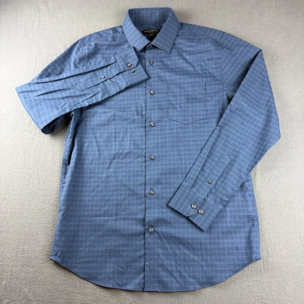 Banana Republic Shirt Men's L Blue Slim Fit Plaid Long Sleeve Button Up Cotton